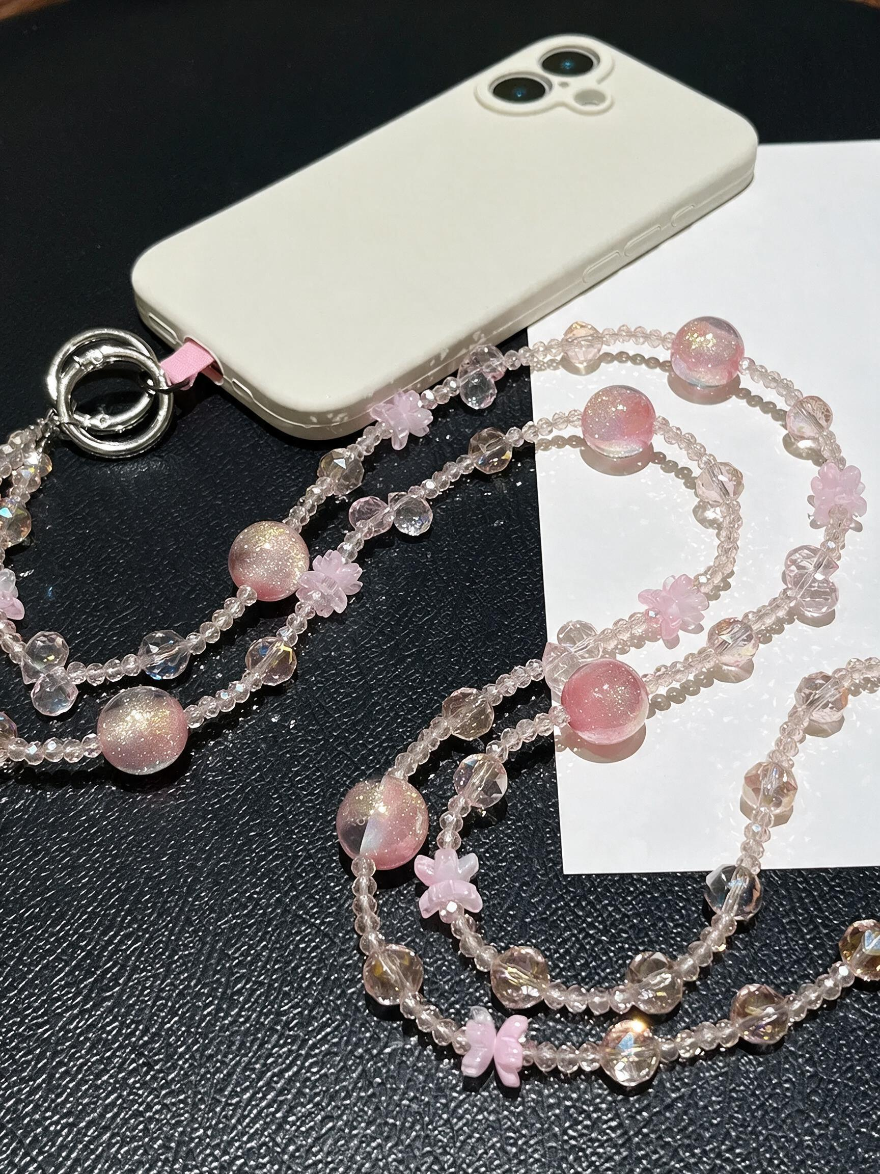 Summer Crystal Beaded Crossbody Phone Strap with Floral Charms