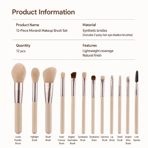 12-Piece Soft Makeup Brush Set  Eyeshadow, Powder, Blush, Contour & Blending Brushes
