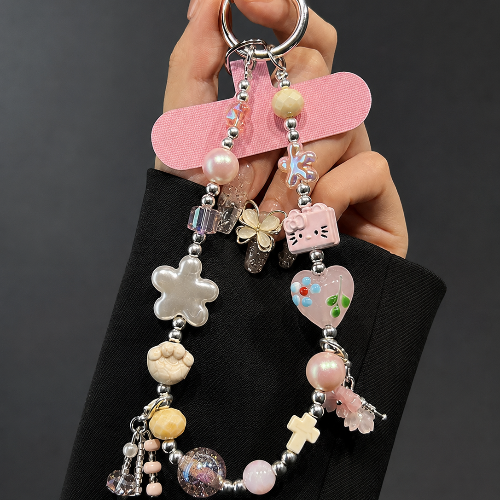 Crystal Beaded Phone Wrist Strap with Cat Charm