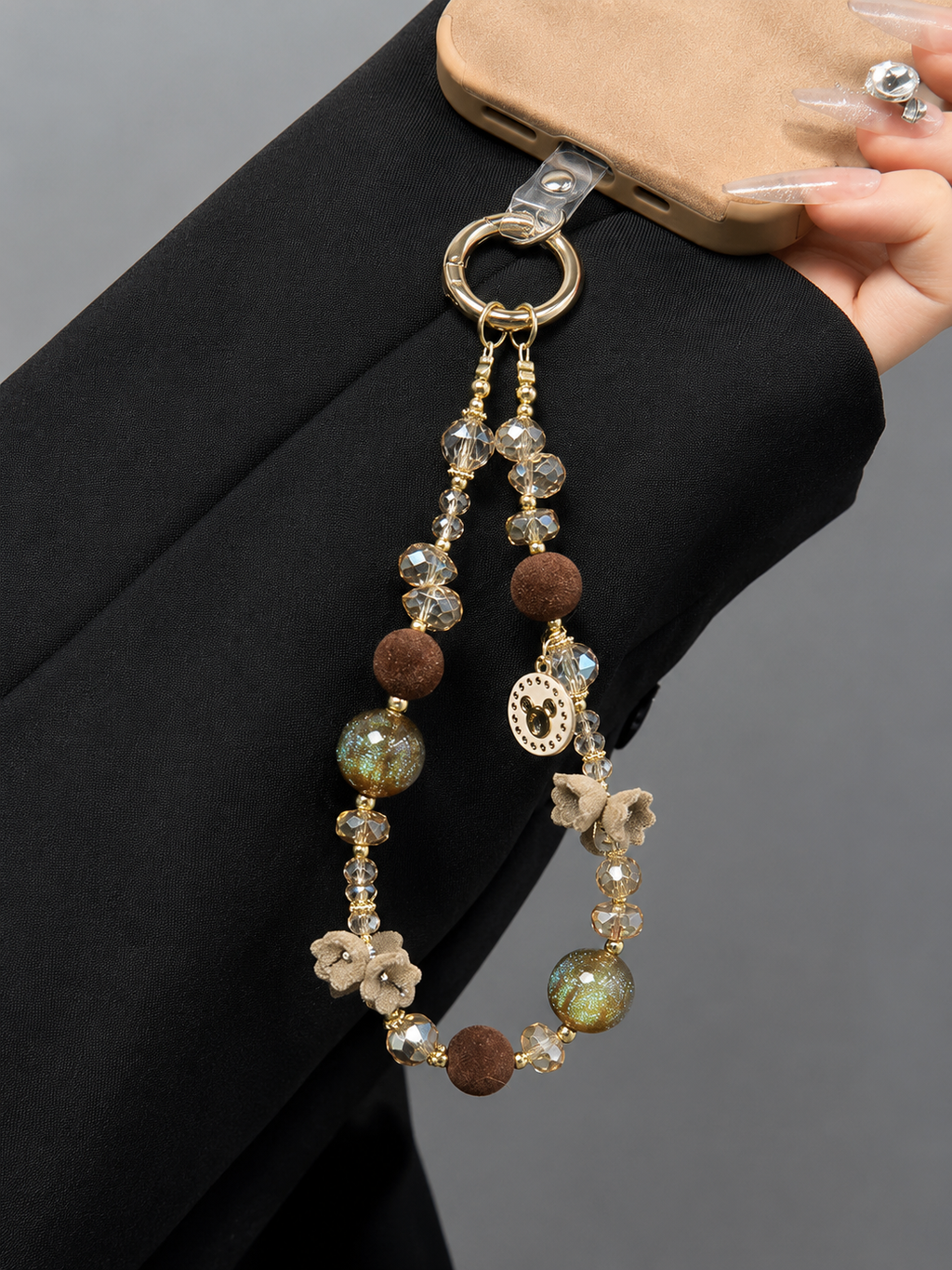 Maillard Crystal Beaded Phone Wrist Strap with Mouse Charm