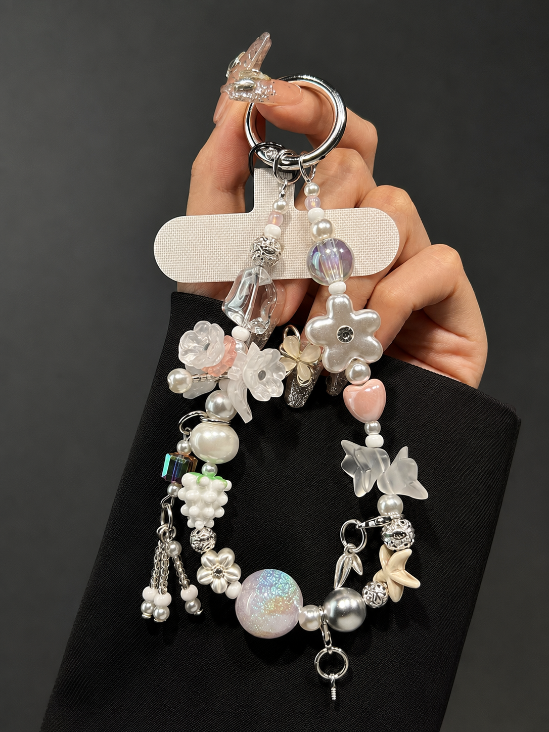 Crystal Beaded Phone Wrist Strap with Cat Charm