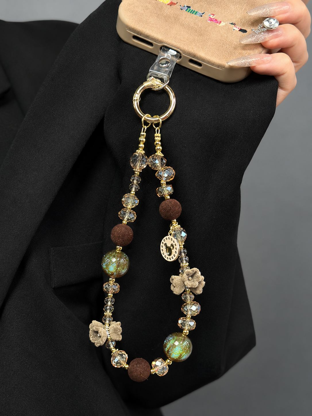 Maillard Crystal Beaded Phone Wrist Strap with Mouse Charm