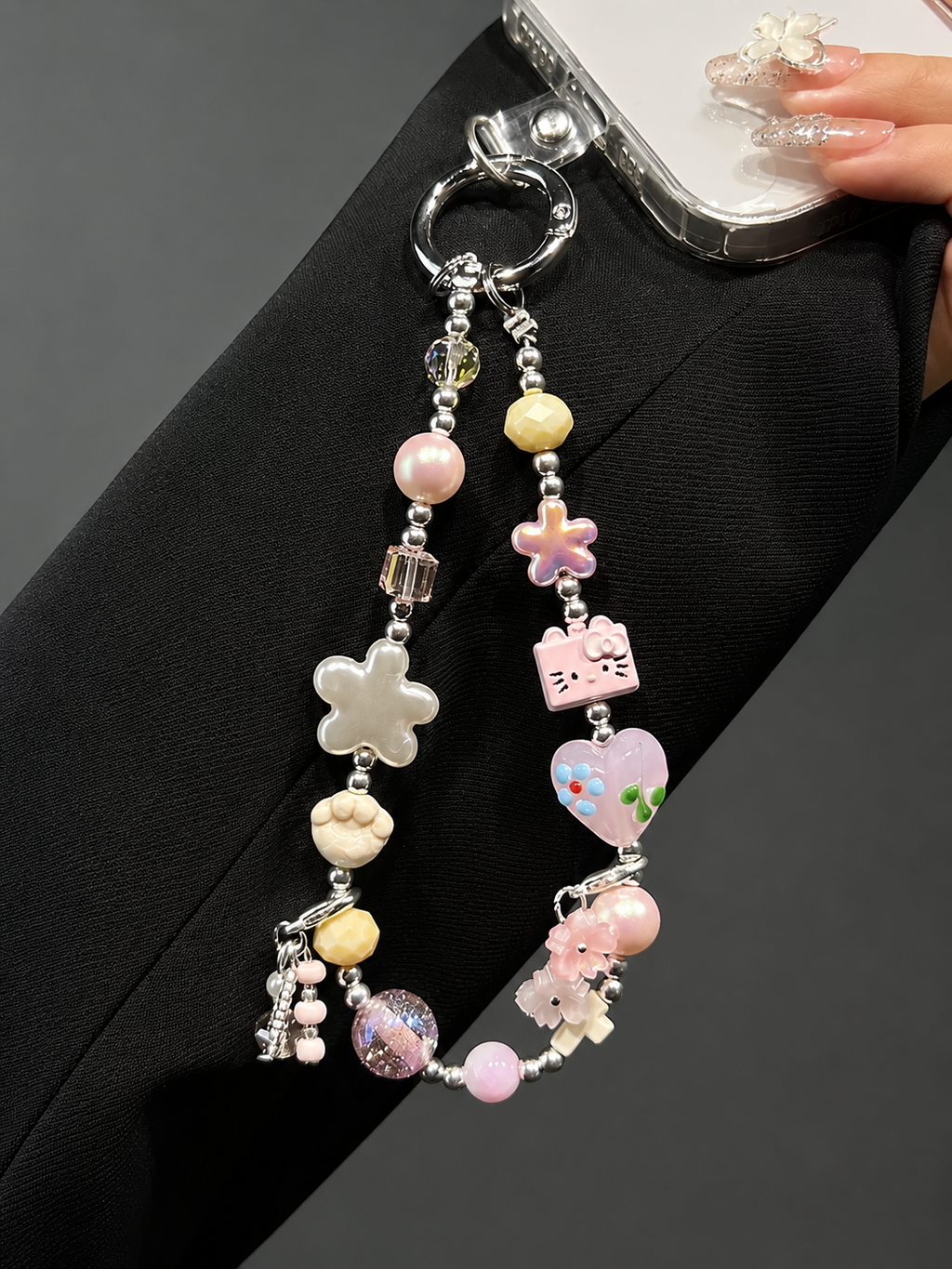 Crystal Beaded Phone Wrist Strap with Cat Charm