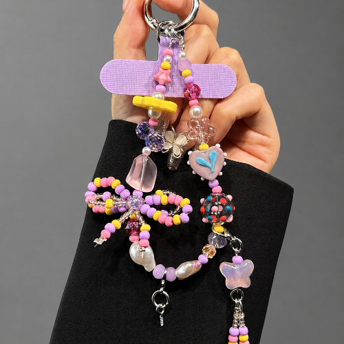 Crystal Beaded Phone Wrist Strap with Cat Charm