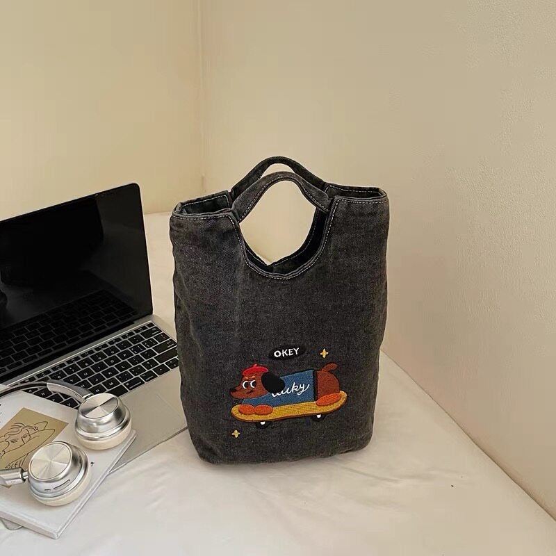 Cute Embroidered Dachshund Canvas Tote Bag