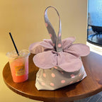 Cute Polka Dot Floral Mini Tote Bag in Cream Yellow & Taro Purple