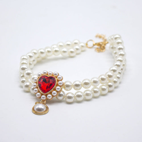 Double-Layer Pearl Pet Collar with Gem Pendant