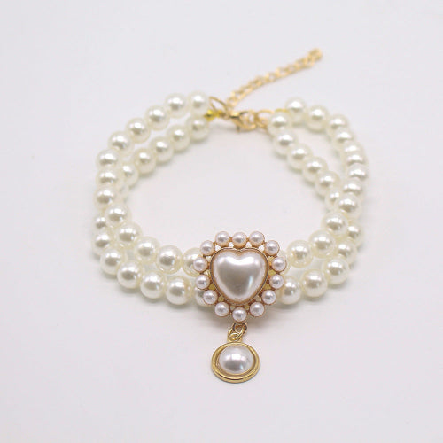 Double-Layer Pearl Pet Collar with Gem Pendant