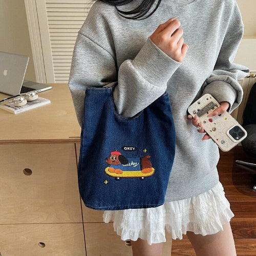 Cute Embroidered Dachshund Canvas Tote Bag