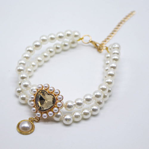 Double-Layer Pearl Pet Collar with Gem Pendant