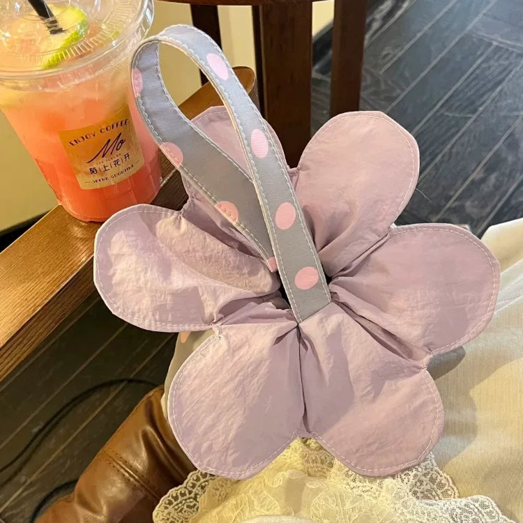 Cute Polka Dot Floral Mini Tote Bag in Cream Yellow & Taro Purple