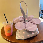 Cute Polka Dot Floral Mini Tote Bag in Cream Yellow & Taro Purple