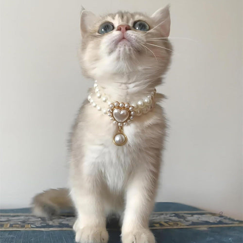 Double-Layer Pearl Pet Collar with Gem Pendant