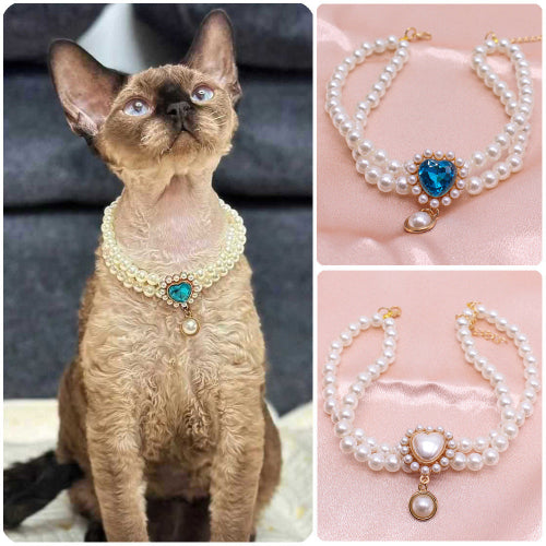 Double-Layer Pearl Pet Collar with Gem Pendant