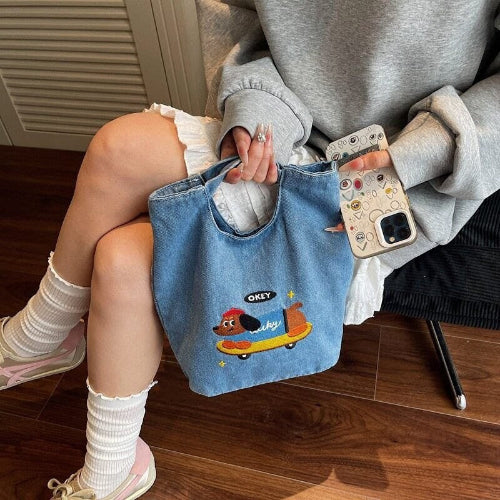 Cute Embroidered Dachshund Canvas Tote Bag